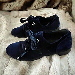 Shellys London Blue Velvet Loafers with Ribbon Laces - 40